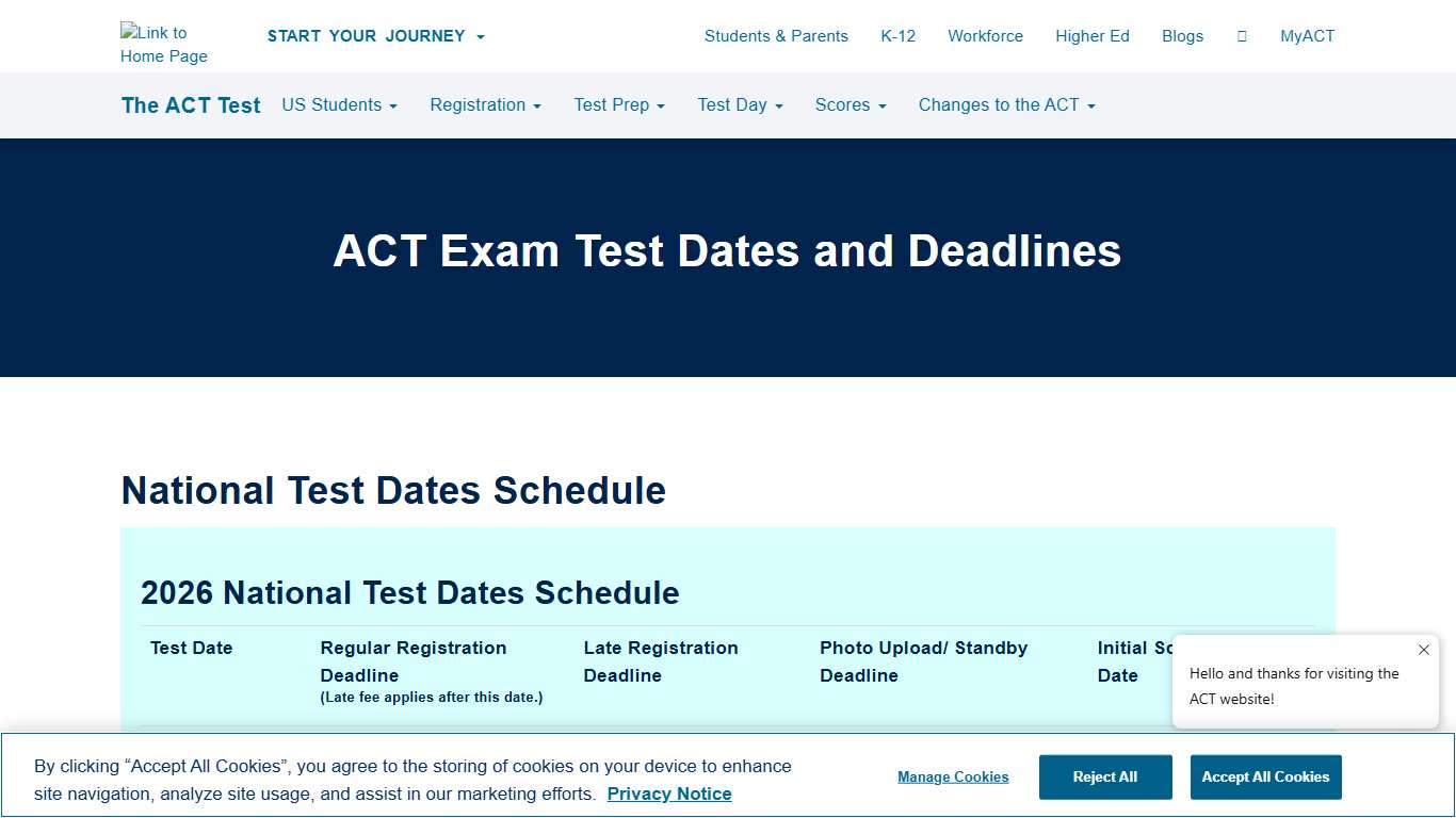 ACT National Test Dates Schedule 2025-2026 | ACT